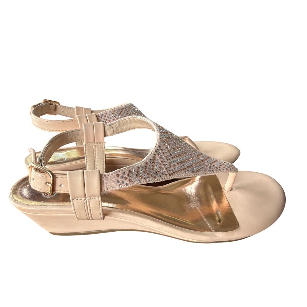 Nude Rhinestone Low Wedge Thong Sandals Ankle Strap Womens 8 M party glam wedge